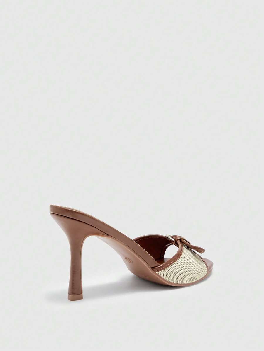 Brown PU leather open round toe high heel mule sandals with gold buckle detail and grommet eyelets for women