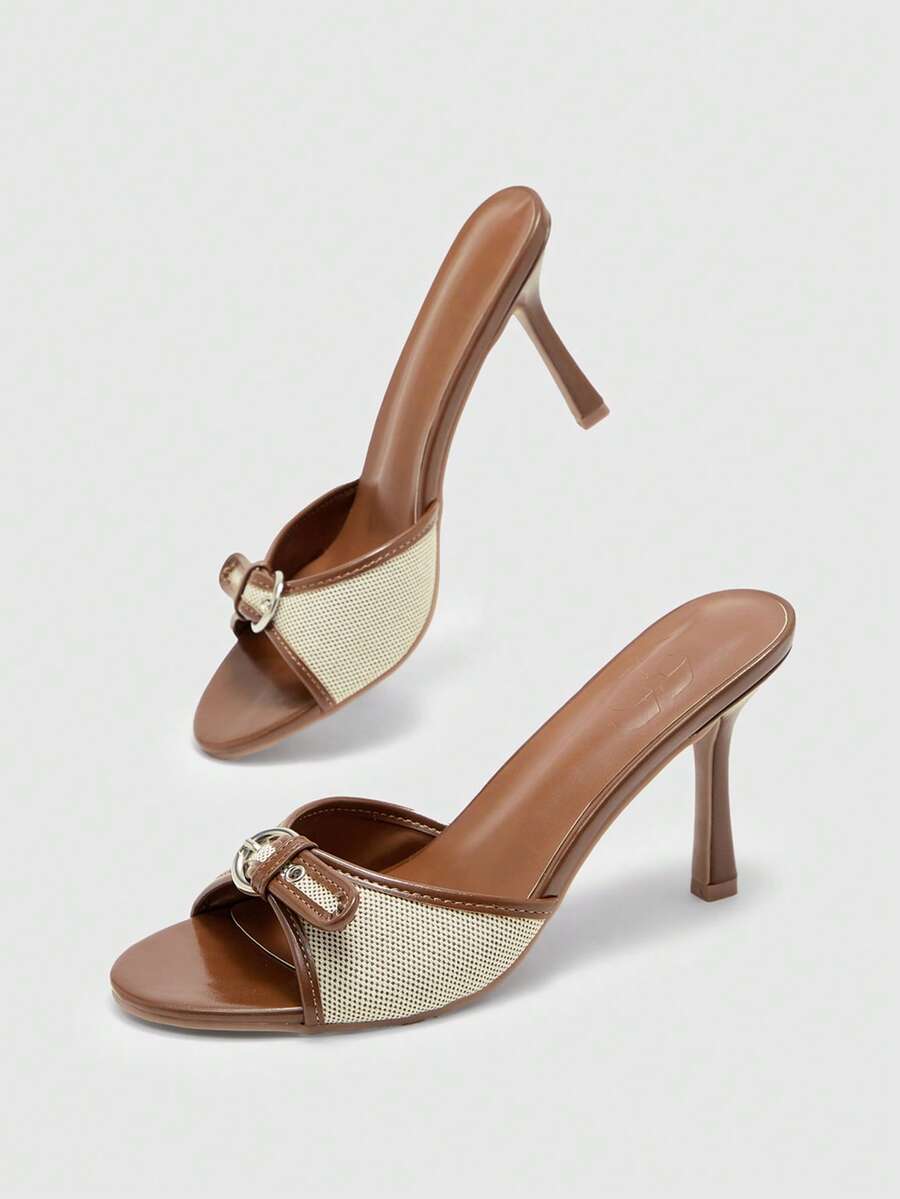 Brown PU leather open round toe high heel mule sandals with gold buckle detail and grommet eyelets for women