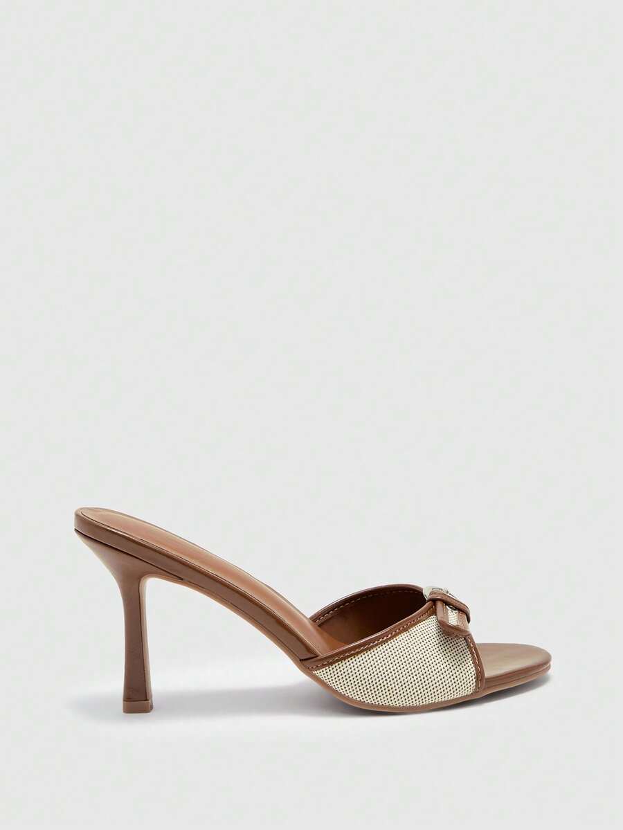 Brown PU leather open round toe high heel mule sandals with gold buckle detail and grommet eyelets for women