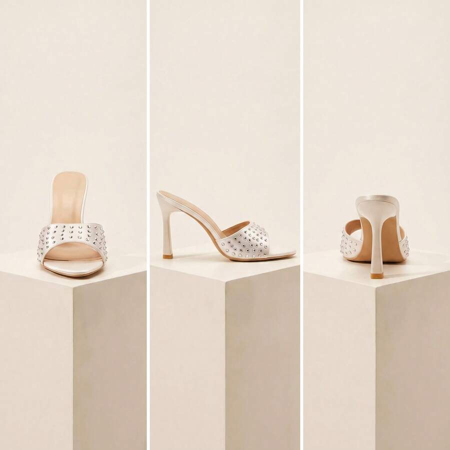 Pointed toe rhinestone high heel party sandals for women with stiletto heel and satin upper