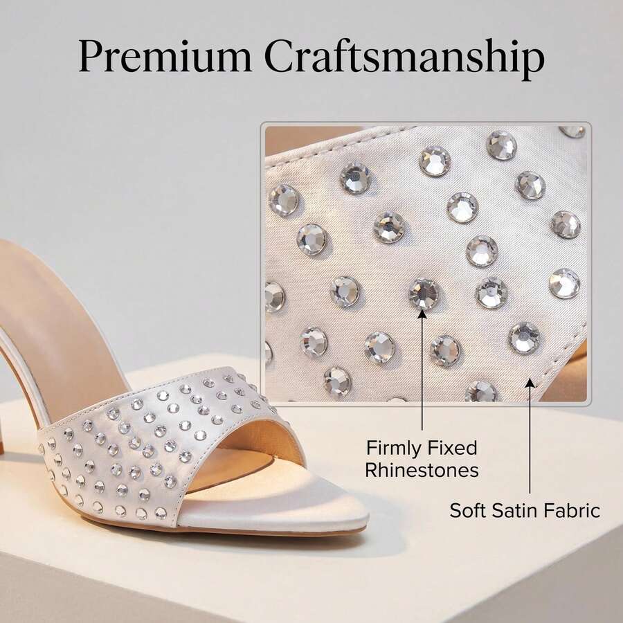 Pointed toe rhinestone high heel party sandals for women with stiletto heel and satin upper