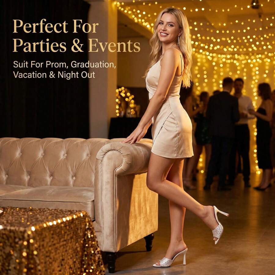 Pointed toe rhinestone high heel party sandals for women with stiletto heel and satin upper