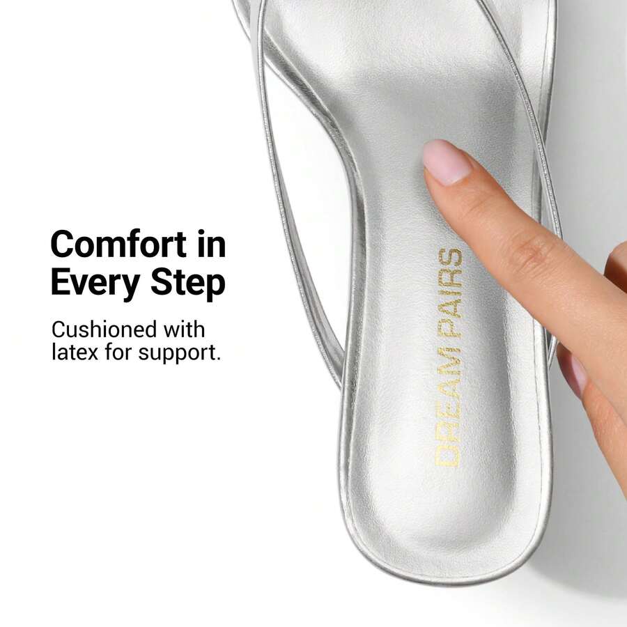Women's metallic kitten low heel thong sandals featuring an open square toe and slip-on mule design.