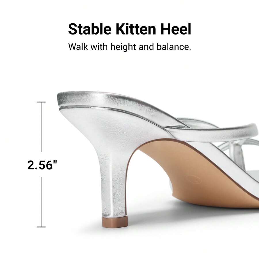 Women's metallic kitten low heel thong sandals featuring an open square toe and slip-on mule design.