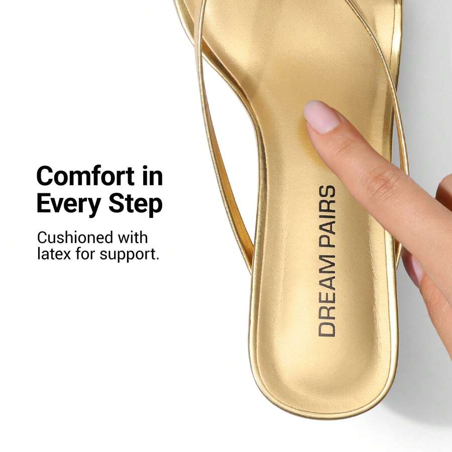 Women's metallic kitten low heel thong sandals featuring an open square toe and slip-on mule design.