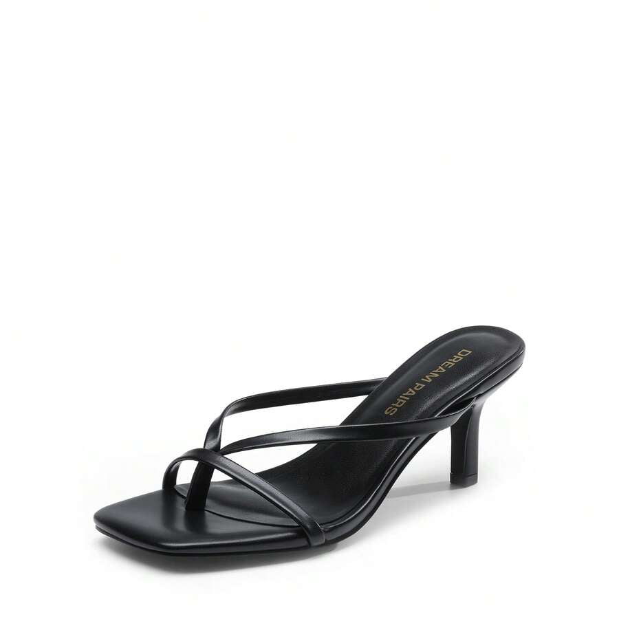 Women's metallic kitten low heel thong sandals featuring an open square toe and slip-on mule design.