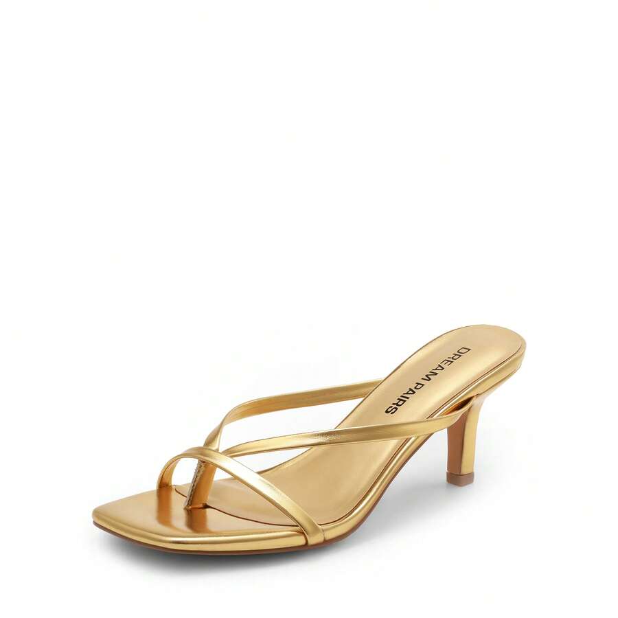 Women's metallic kitten low heel thong sandals featuring an open square toe and slip-on mule design.