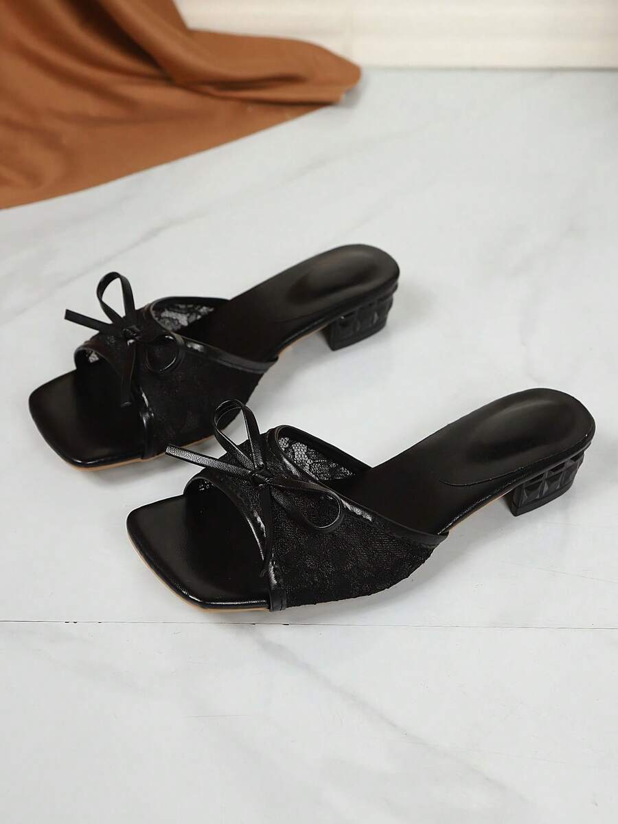 Square toe thin heel thong sandals for women featuring an open toe, bowknot detail, and slip-on slingback design.