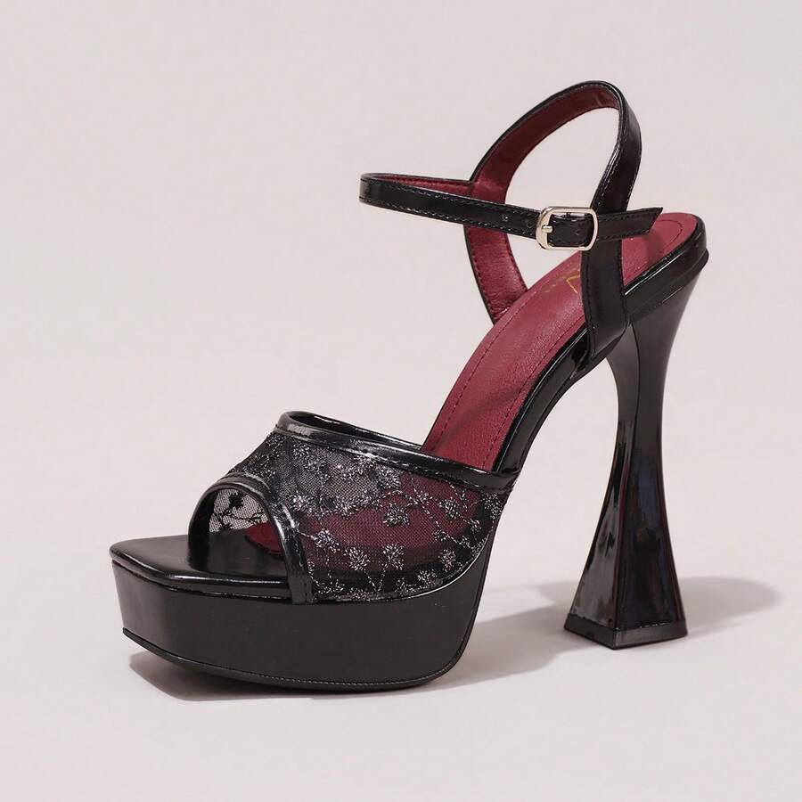 Lace embroidered open toe high heel sandals featuring a chunky square heel, platform wedge, and ankle strap buckle closure.