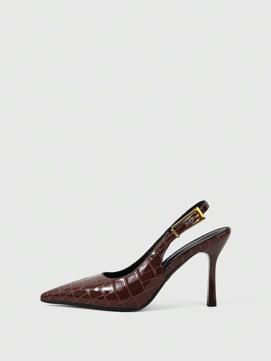 Women's pointed-toe high heel pumps in black mirror PU leather with an ankle strap, stiletto heel, and rhinestone buckle.