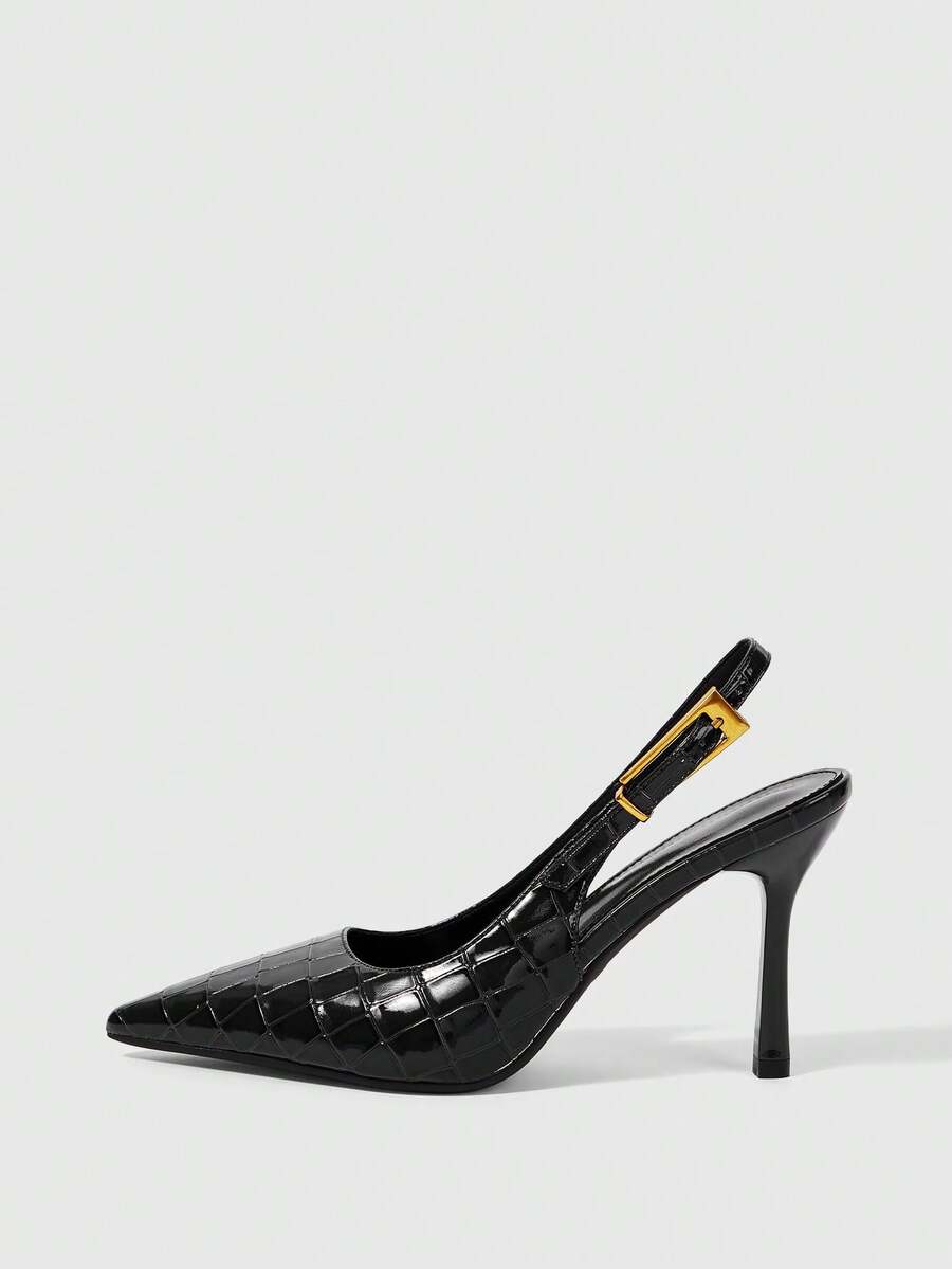 Women's pointed-toe high heel pumps in black mirror PU leather with an ankle strap, stiletto heel, and rhinestone buckle.