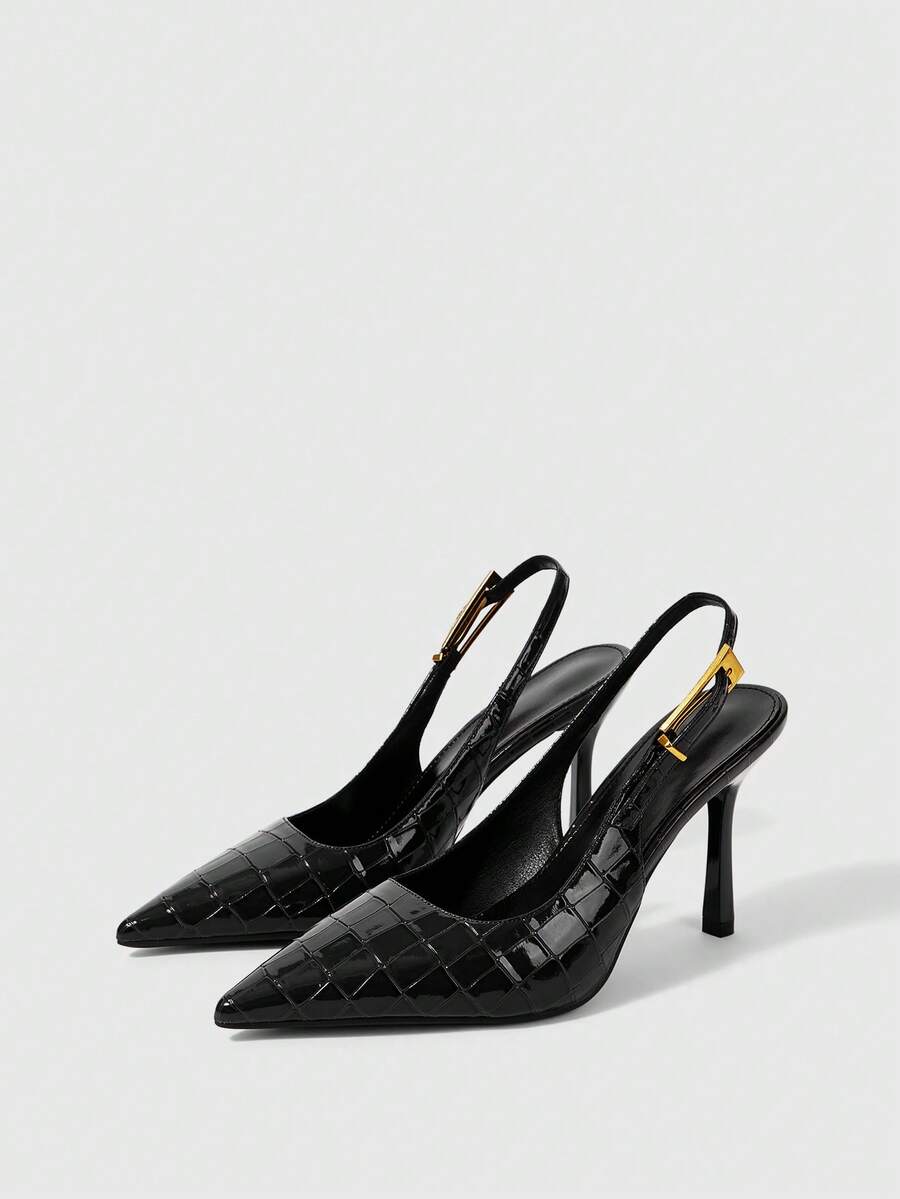 Women's pointed-toe high heel pumps in black mirror PU leather with an ankle strap, stiletto heel, and rhinestone buckle.