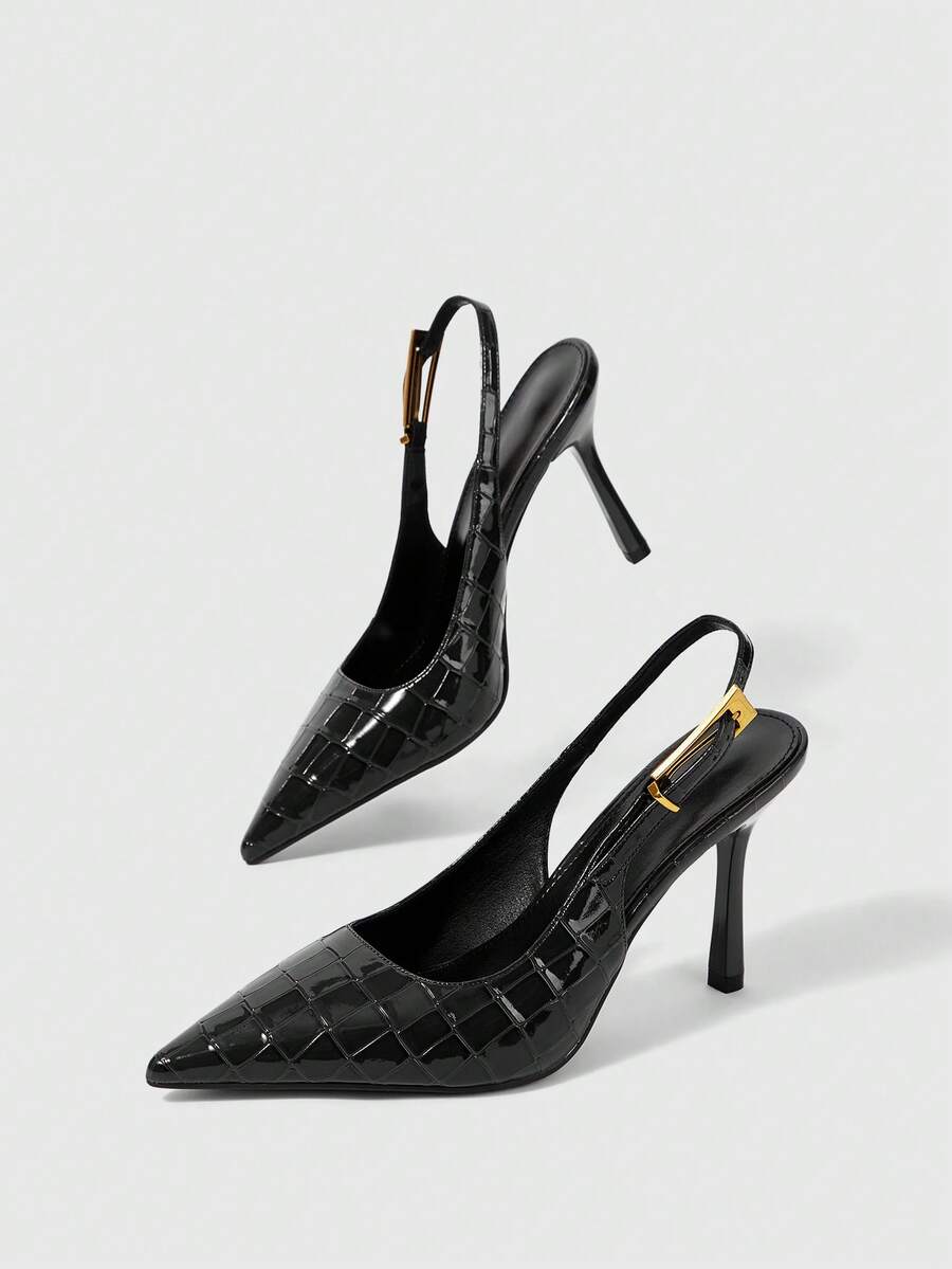 Women's pointed-toe high heel pumps in black mirror PU leather with an ankle strap, stiletto heel, and rhinestone buckle.