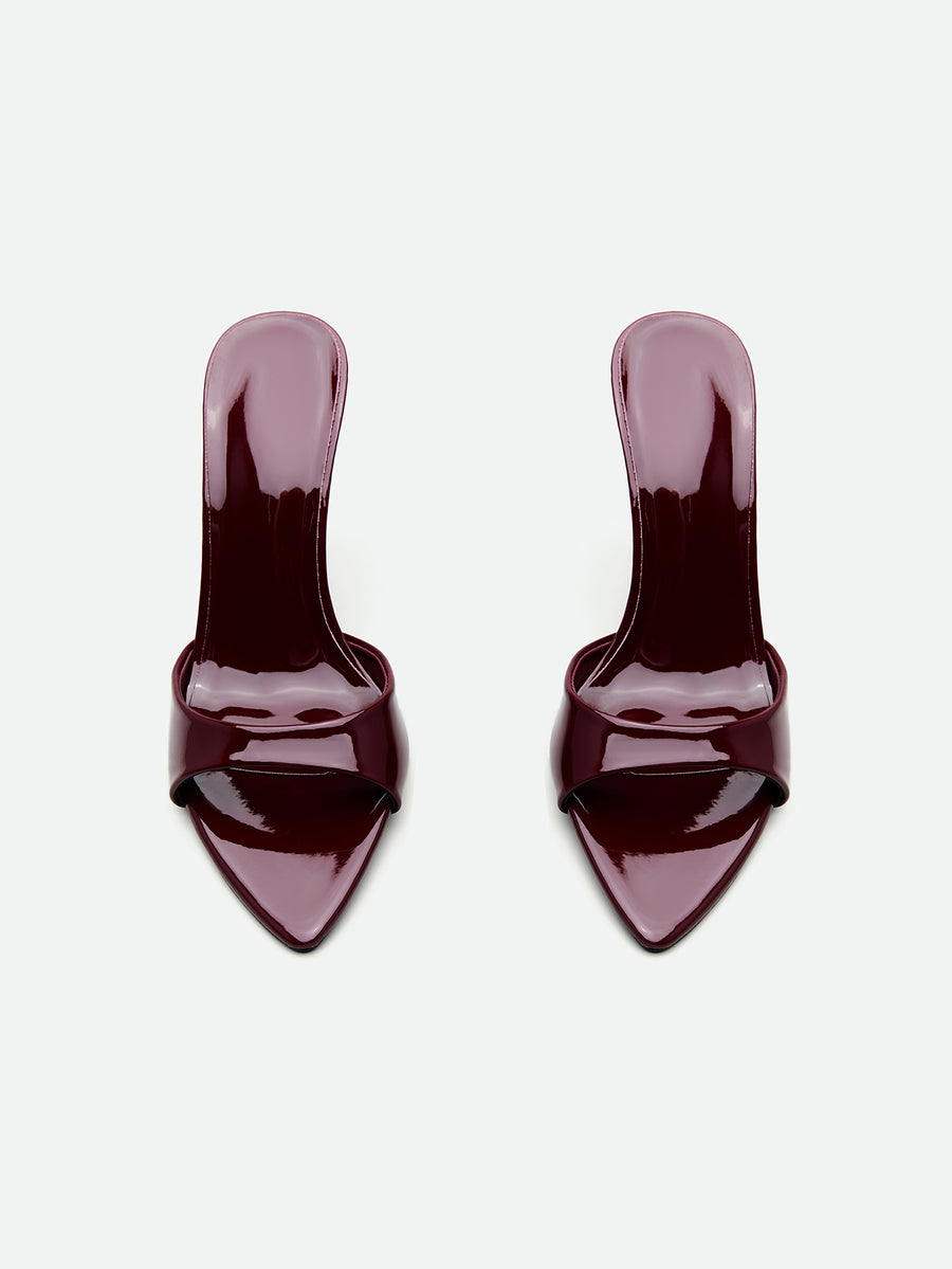 Burgundy women's high heel open-toe mules with stiletto heel and slingback strap designed for evening parties and wedding events.