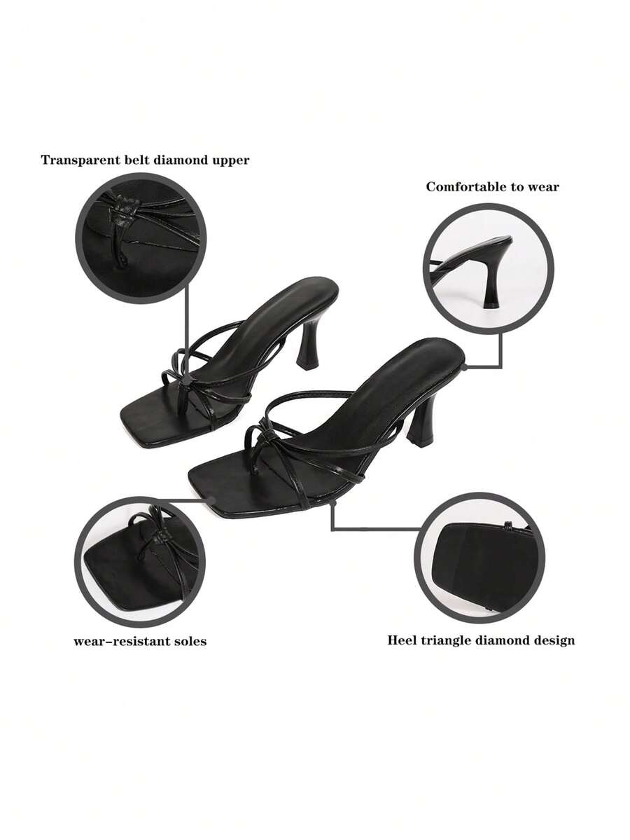 Women's high heel thong sandals featuring sparkling rhinestone buckle accents, slender stiletto thin heel, toe post, and cross straps.
