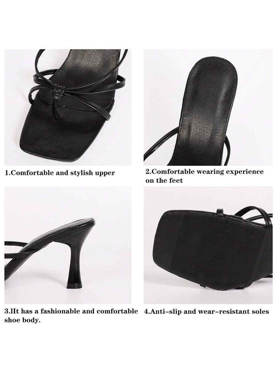 Women's high heel thong sandals featuring sparkling rhinestone buckle accents, slender stiletto thin heel, toe post, and cross straps.