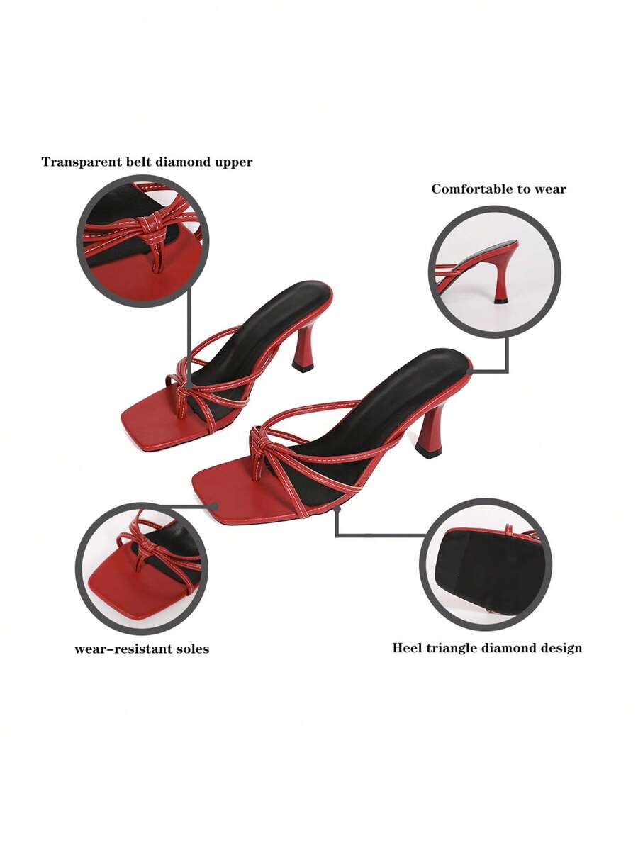 Women's high heel thong sandals featuring sparkling rhinestone buckle accents, slender stiletto thin heel, toe post, and cross straps.