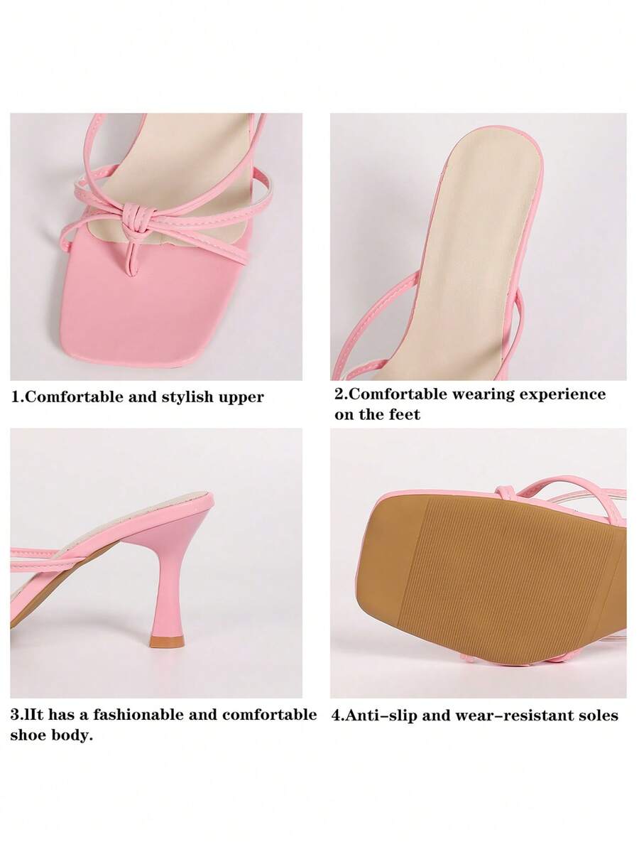 Women's high heel thong sandals featuring sparkling rhinestone buckle accents, slender stiletto thin heel, toe post, and cross straps.