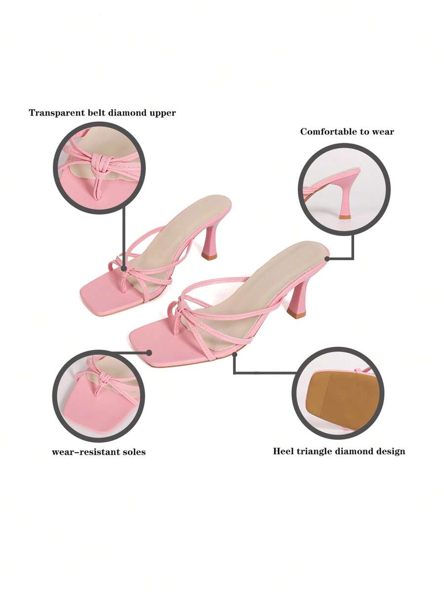 Women's high heel thong sandals featuring sparkling rhinestone buckle accents, slender stiletto thin heel, toe post, and cross straps.