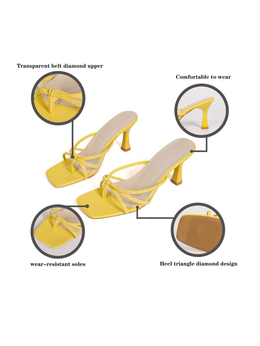 Women's high heel thong sandals featuring sparkling rhinestone buckle accents, slender stiletto thin heel, toe post, and cross straps.