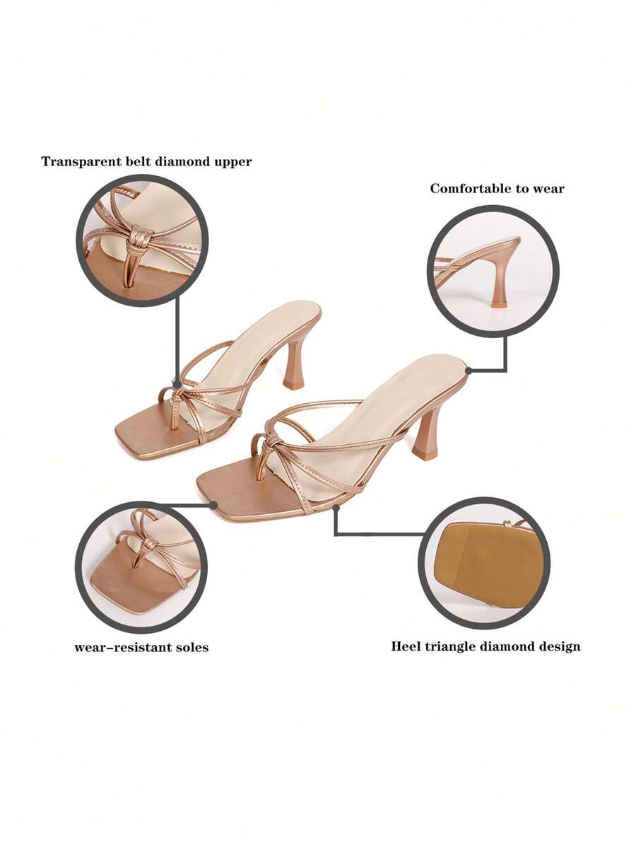 Women's high heel thong sandals featuring sparkling rhinestone buckle accents, slender stiletto thin heel, toe post, and cross straps.