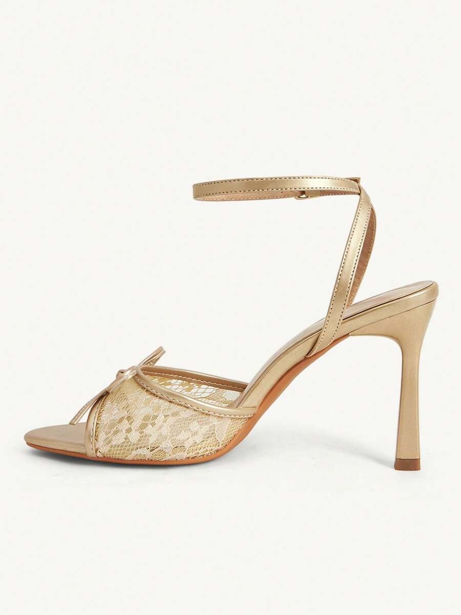 Women's open toe high heel sandals with lace mesh upper, stiletto heel, and ankle strap closure.