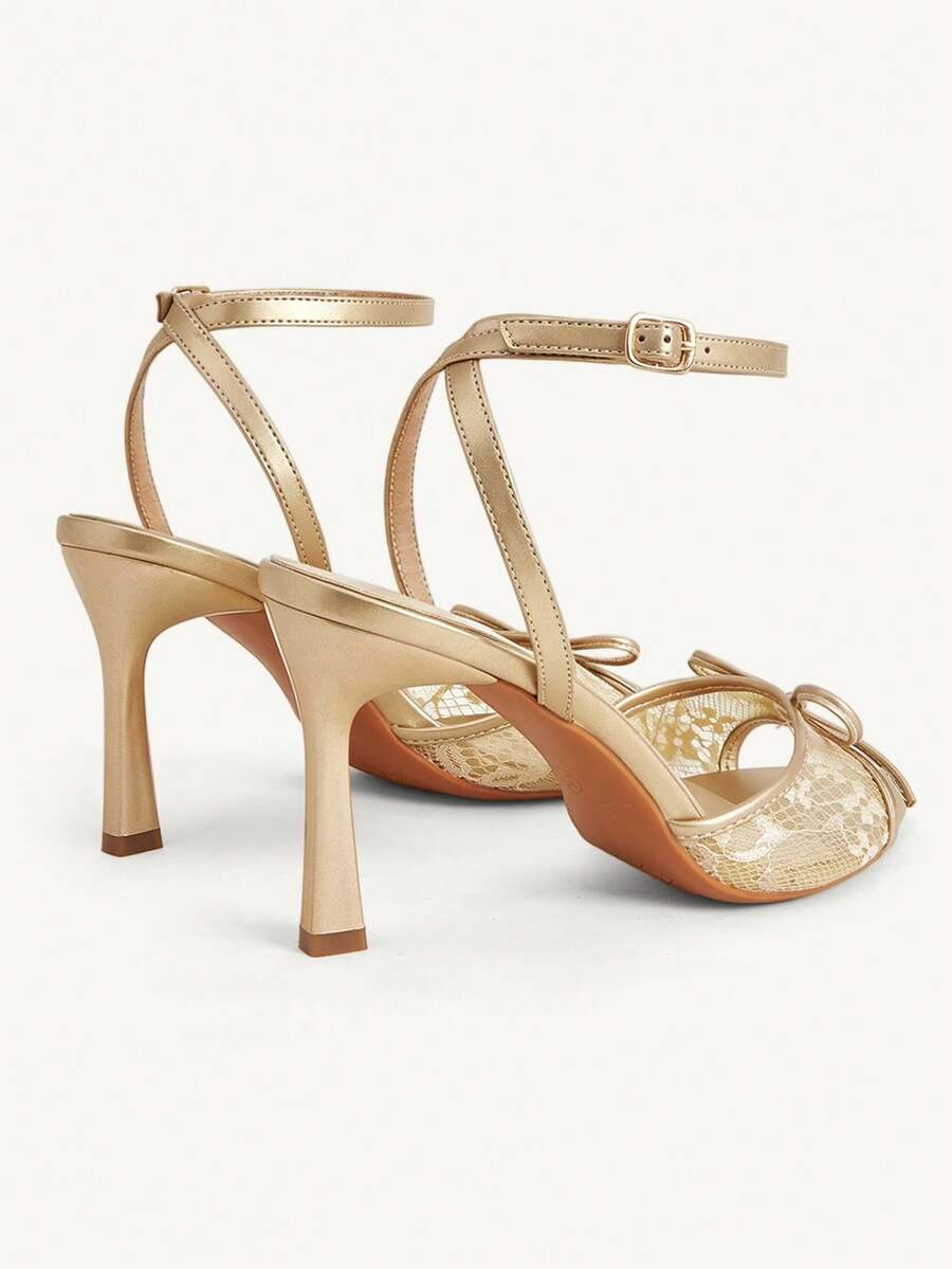 Women's open toe high heel sandals with lace mesh upper, stiletto heel, and ankle strap closure.