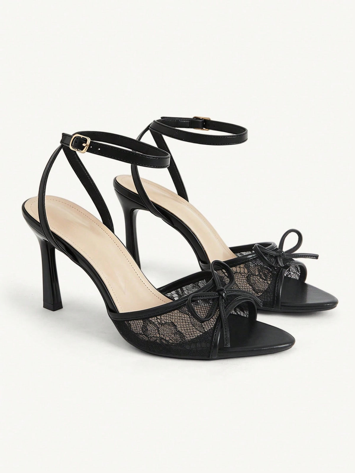 Women's open toe high heel sandals with lace mesh upper, stiletto heel, and ankle strap closure.