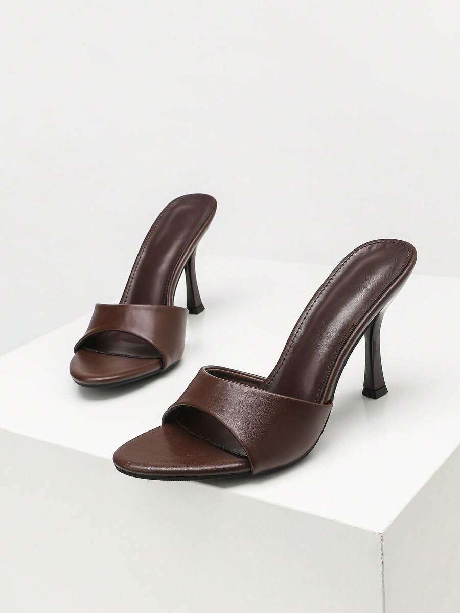 Women's open toe high heel sandals with slingback strap and sleek stiletto heel in smooth PU leather.
