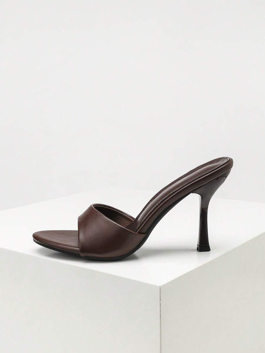 Women's open toe high heel sandals with slingback strap and sleek stiletto heel in smooth PU leather.