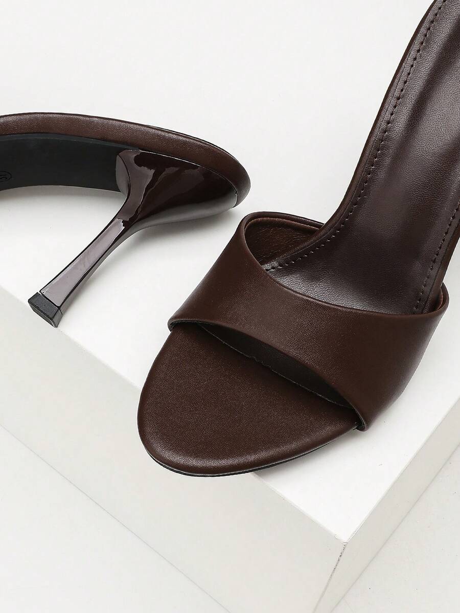 Women's open toe high heel sandals with slingback strap and sleek stiletto heel in smooth PU leather.