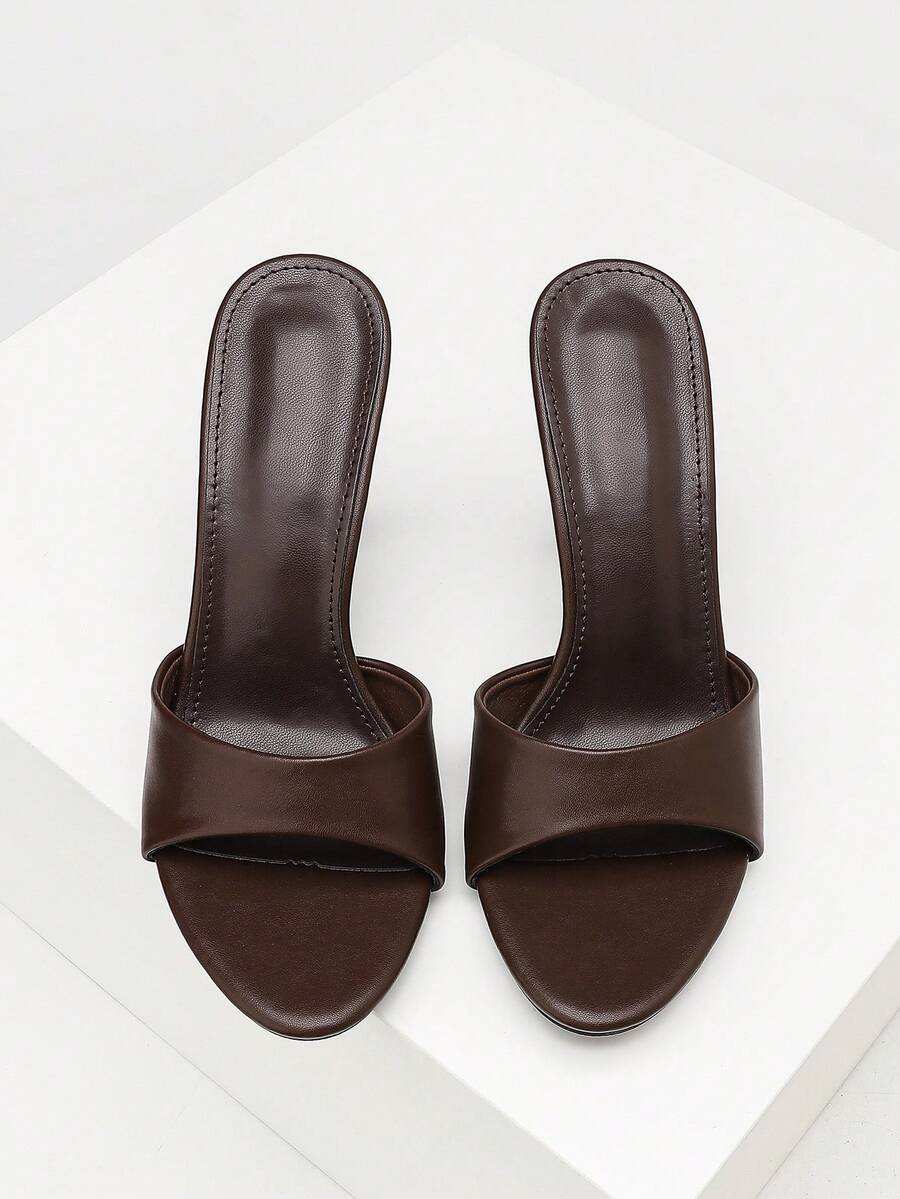 Women's open toe high heel sandals with slingback strap and sleek stiletto heel in smooth PU leather.