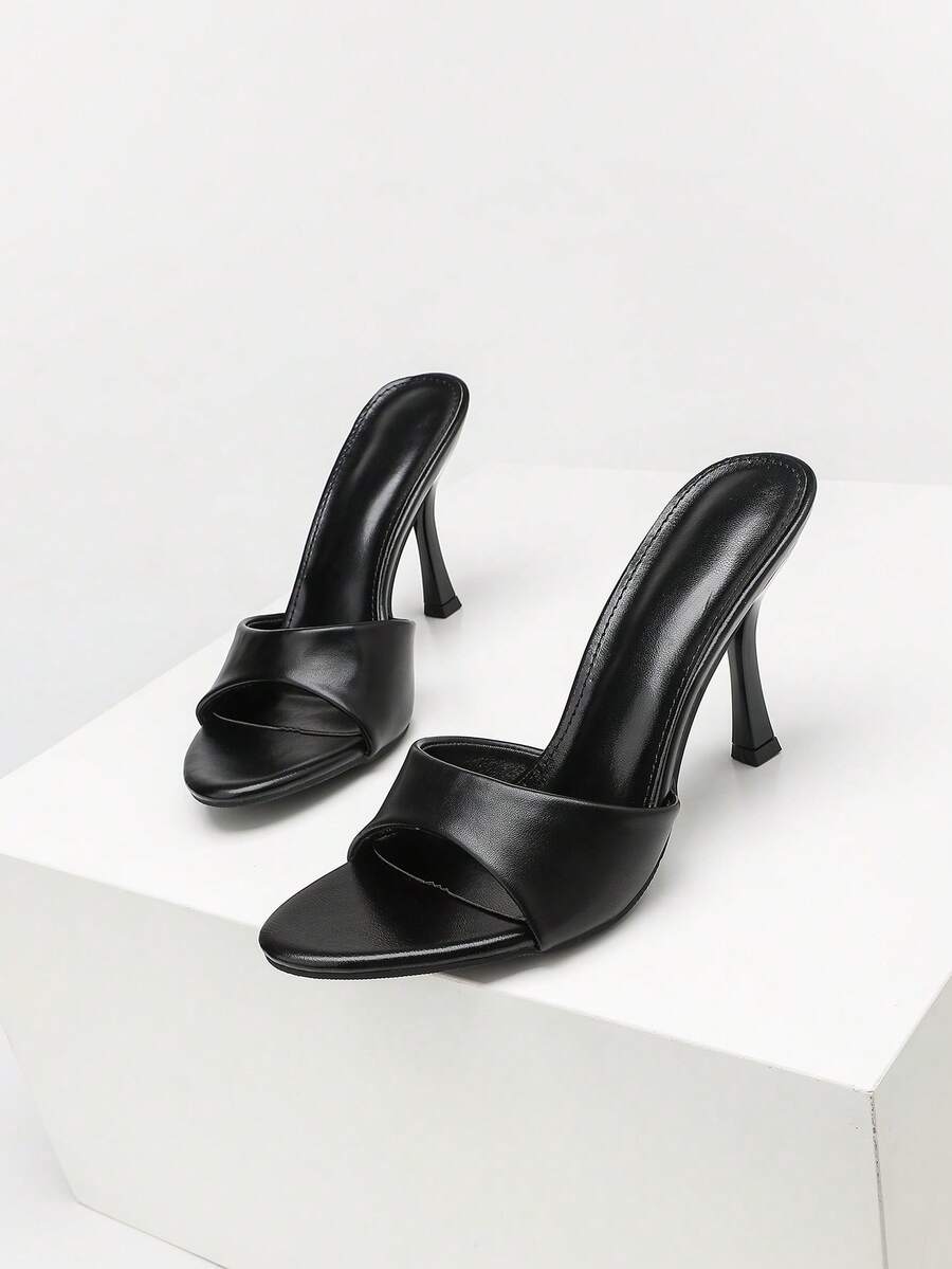 Women's open toe high heel sandals with slingback strap and sleek stiletto heel in smooth PU leather.