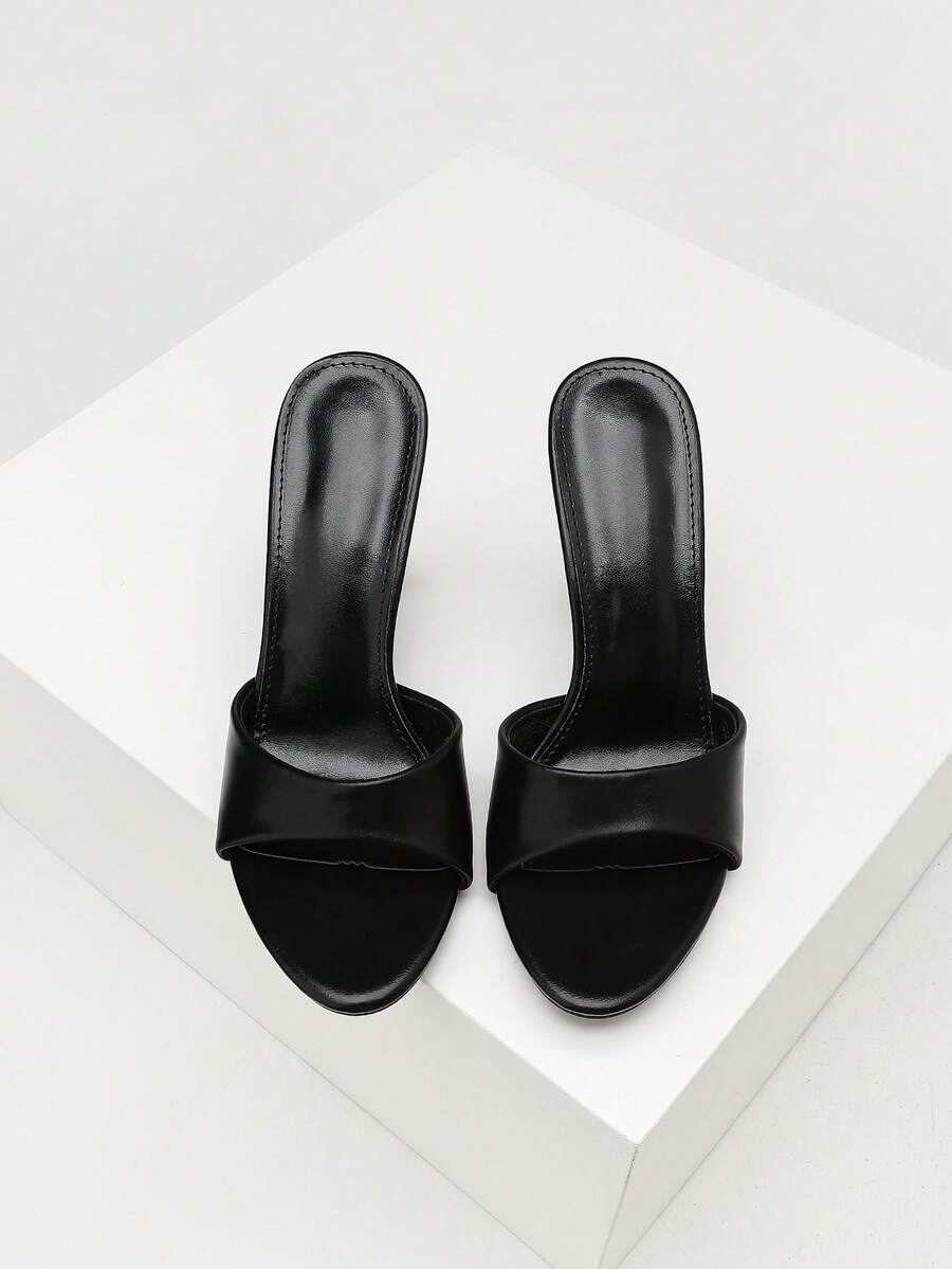 Women's open toe high heel sandals with slingback strap and sleek stiletto heel in smooth PU leather.