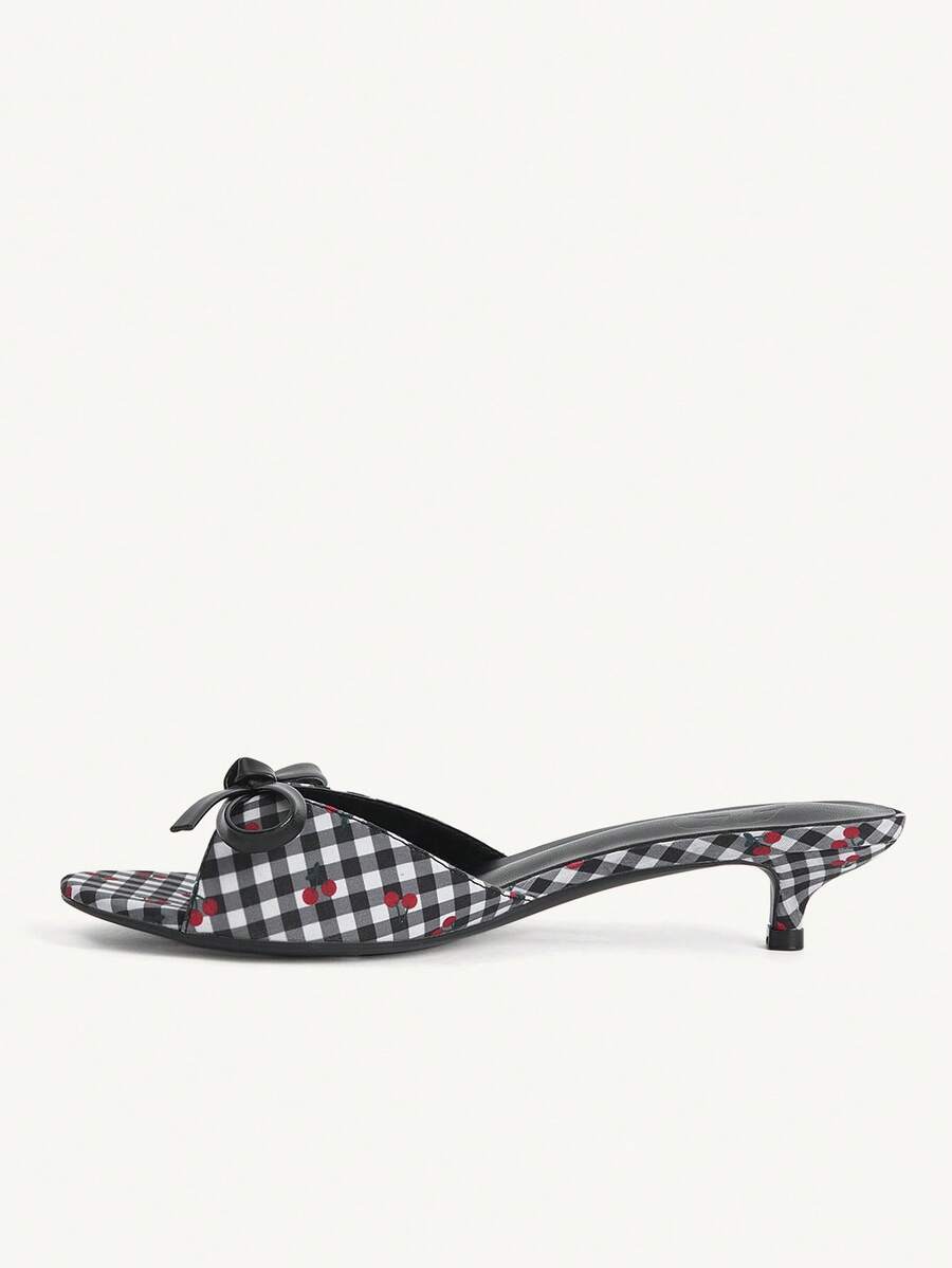 Burgundy high heel sandals for women featuring an open toe, decorative bow, 5.5cm kitten heel, and slingback strap.