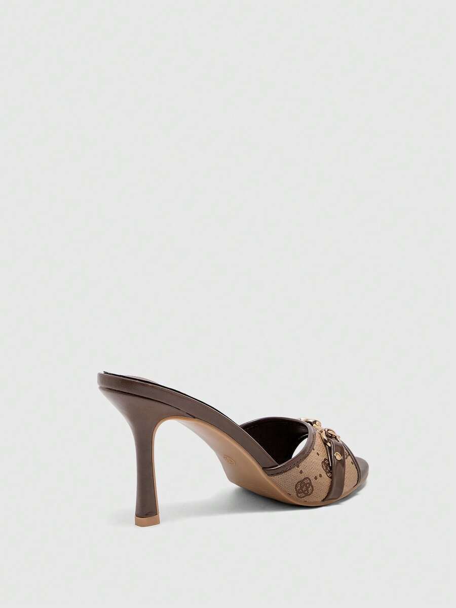 Women's beige high heel mule sandals with open round toe and metal chain detail
