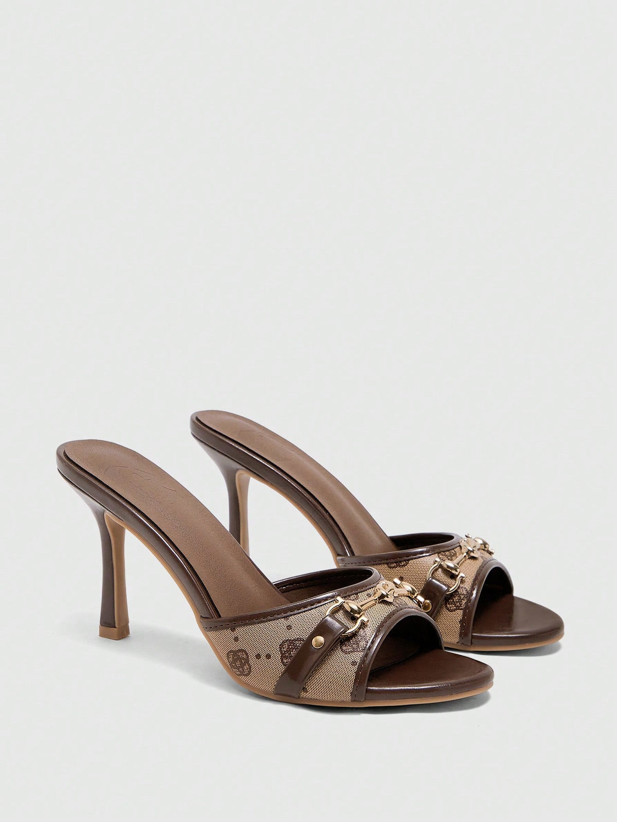 Women's beige high heel mule sandals with open round toe and metal chain detail