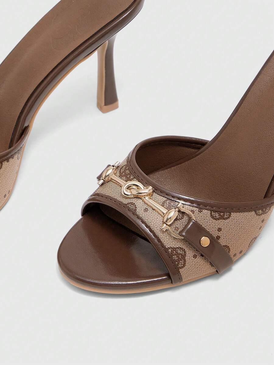 Women's beige high heel mule sandals with open round toe and metal chain detail