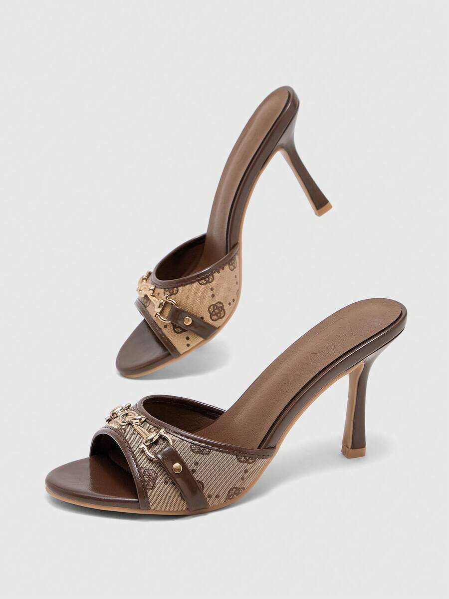 Women's beige high heel mule sandals with open round toe and metal chain detail
