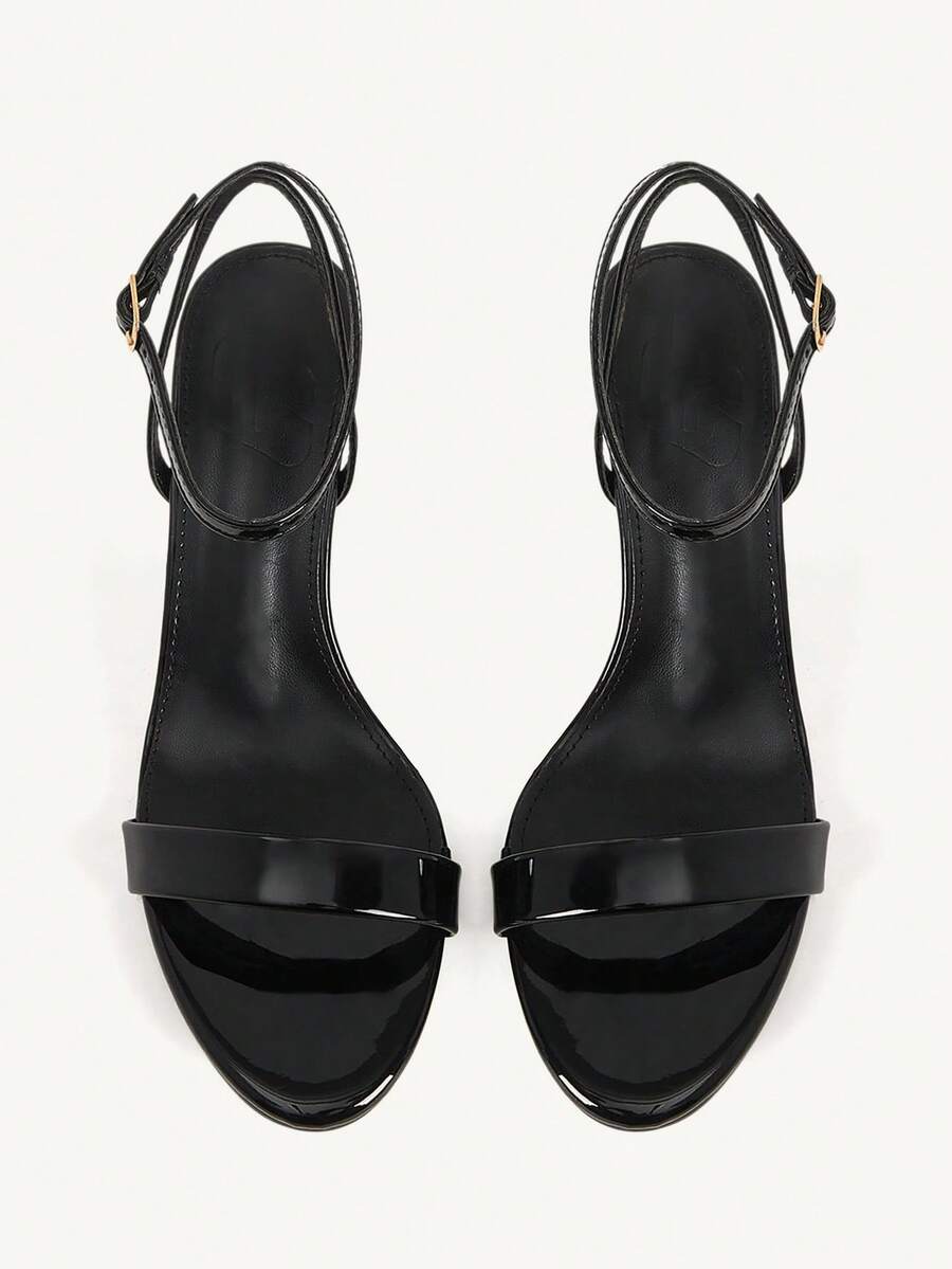 Women's open-toed high-heeled sandals featuring a 5.5cm kitten heel stiletto, sleek ankle strap with buckle closure, and smooth PU leather finish.