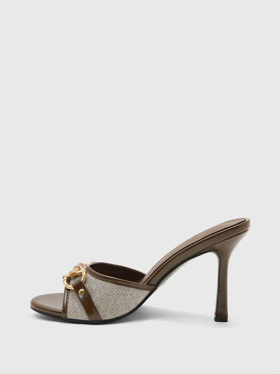 Women's beige high heel mule sandals with open round toe and metal chain detail