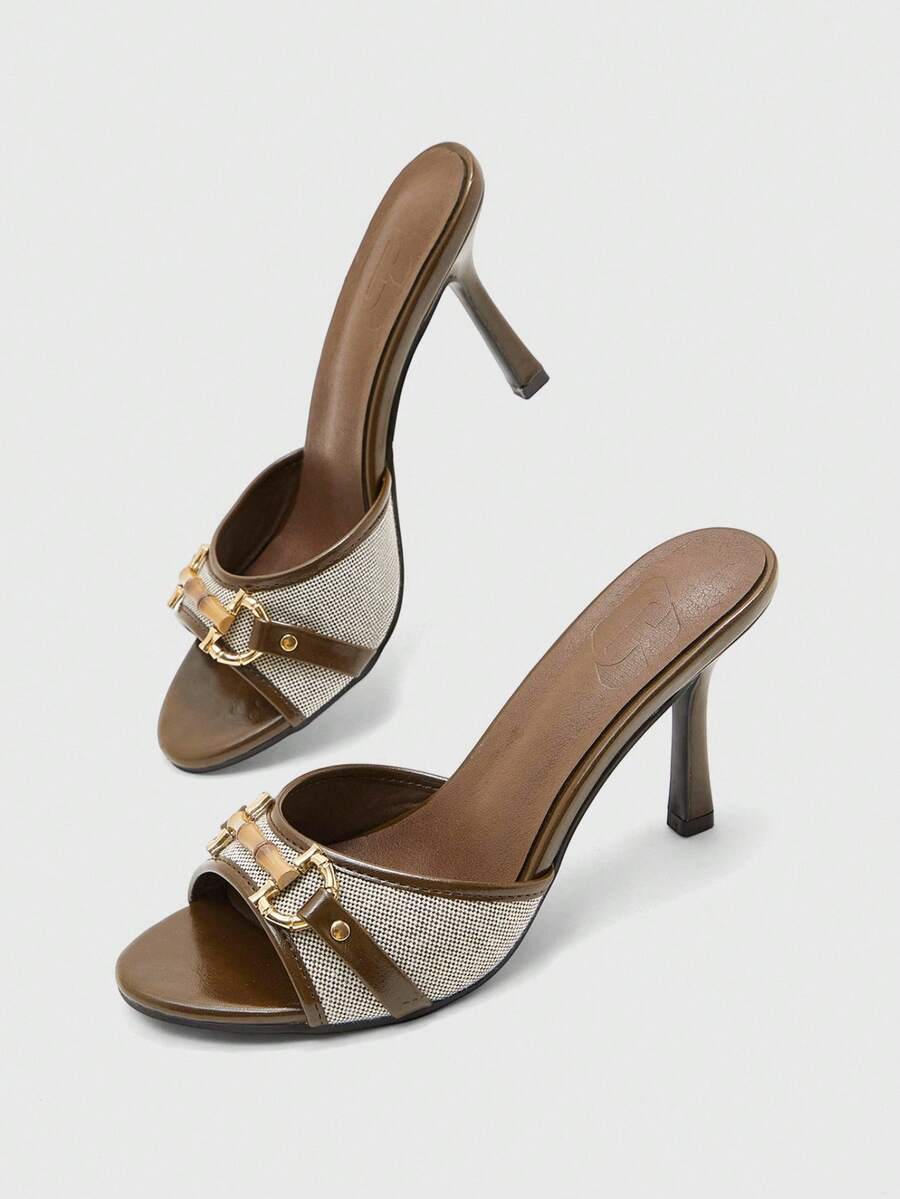 Women's beige high heel mule sandals with open round toe and metal chain detail