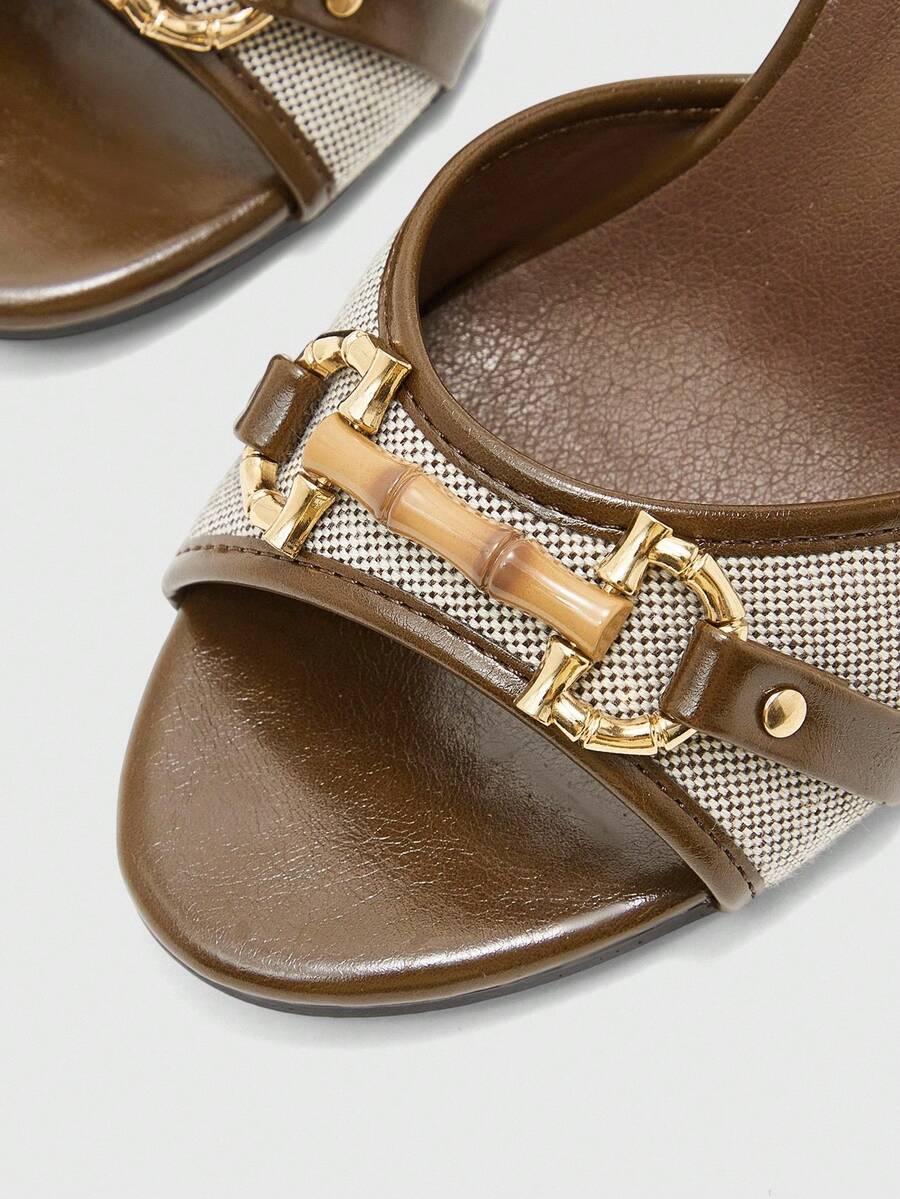 Women's beige high heel mule sandals with open round toe and metal chain detail