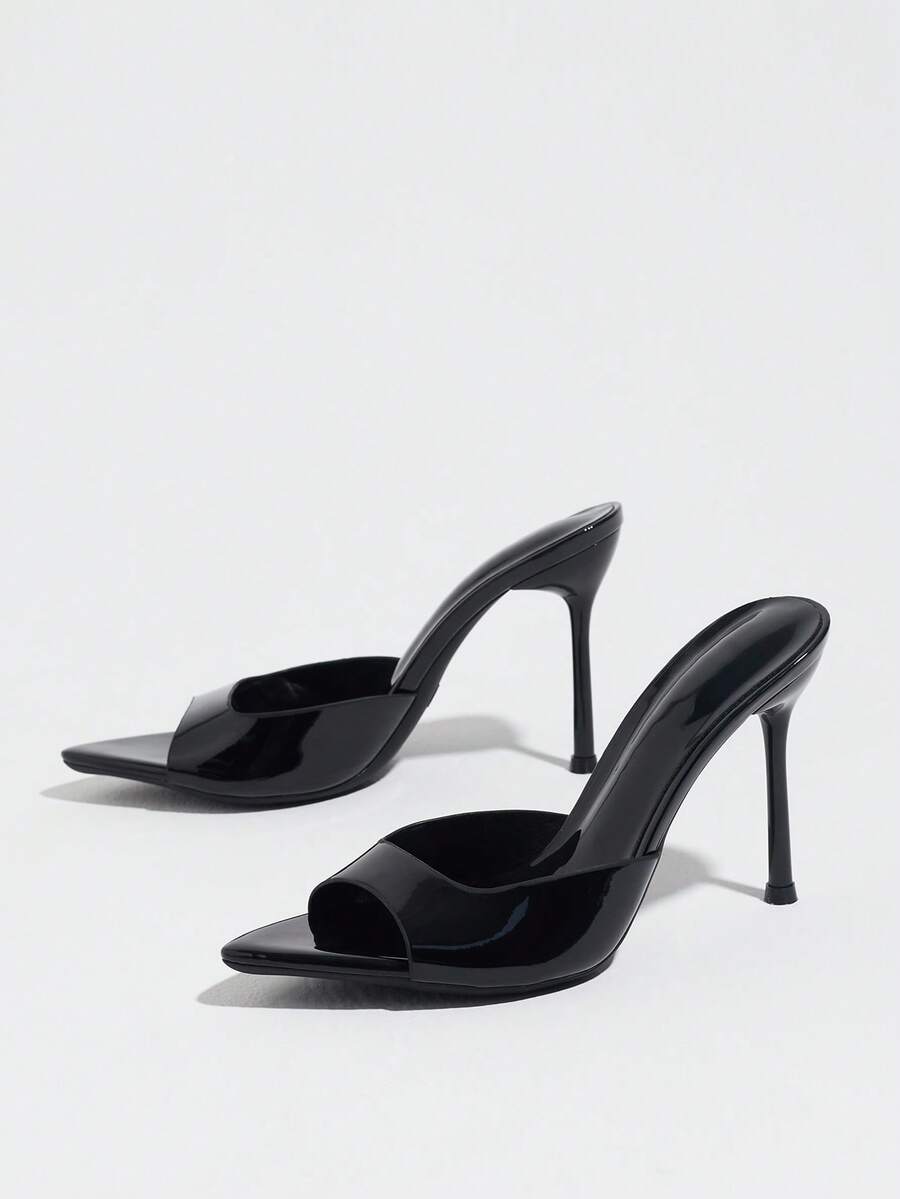 Women's coffee brown high heel mule shoes featuring a glossy mirror finish, open toe design, and sleek stiletto heel.