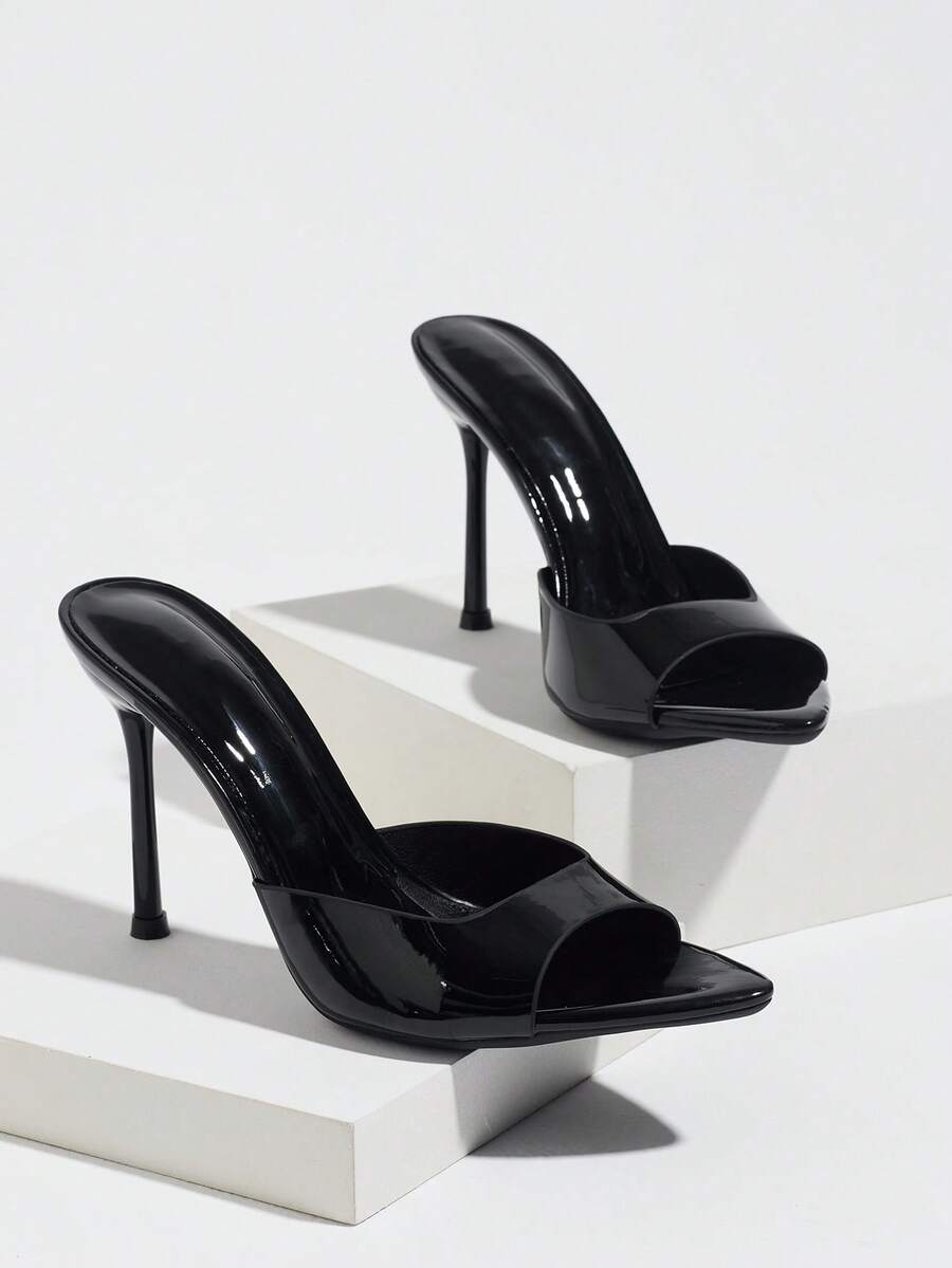 Women's coffee brown high heel mule shoes featuring a glossy mirror finish, open toe design, and sleek stiletto heel.
