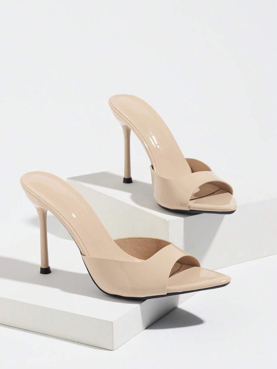Women's coffee brown high heel mule shoes featuring a glossy mirror finish, open toe design, and sleek stiletto heel.