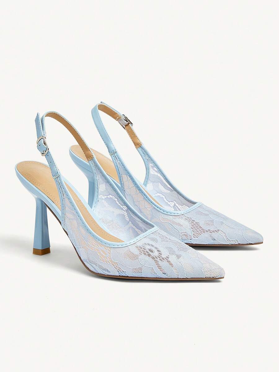 High heel wedding slingback pumps featuring delicate lace mesh upper, pointed toe, buckle strap, and stiletto heel