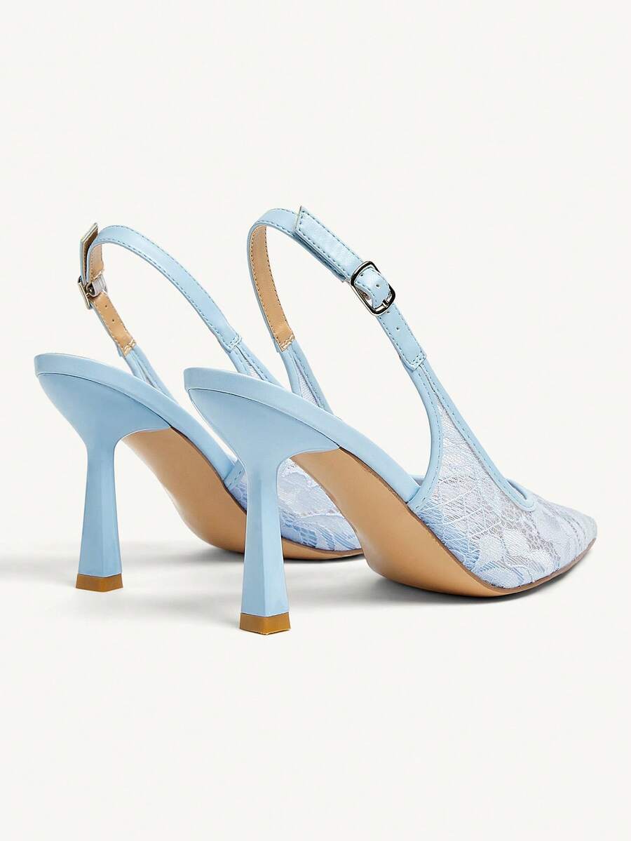 High heel wedding slingback pumps featuring delicate lace mesh upper, pointed toe, buckle strap, and stiletto heel