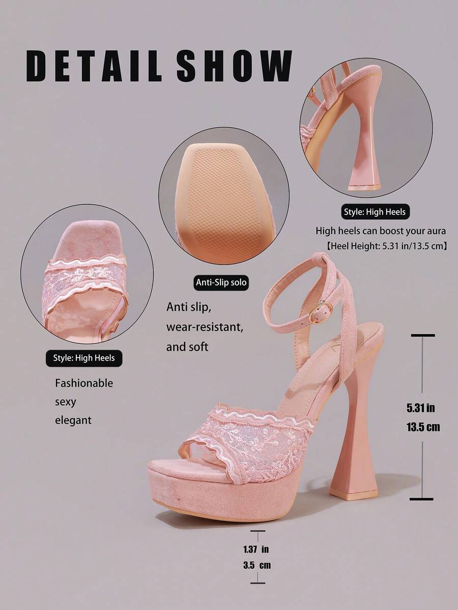 Lace embroidered open toe high heel sandals featuring a chunky square heel, platform wedge, and ankle strap buckle closure.