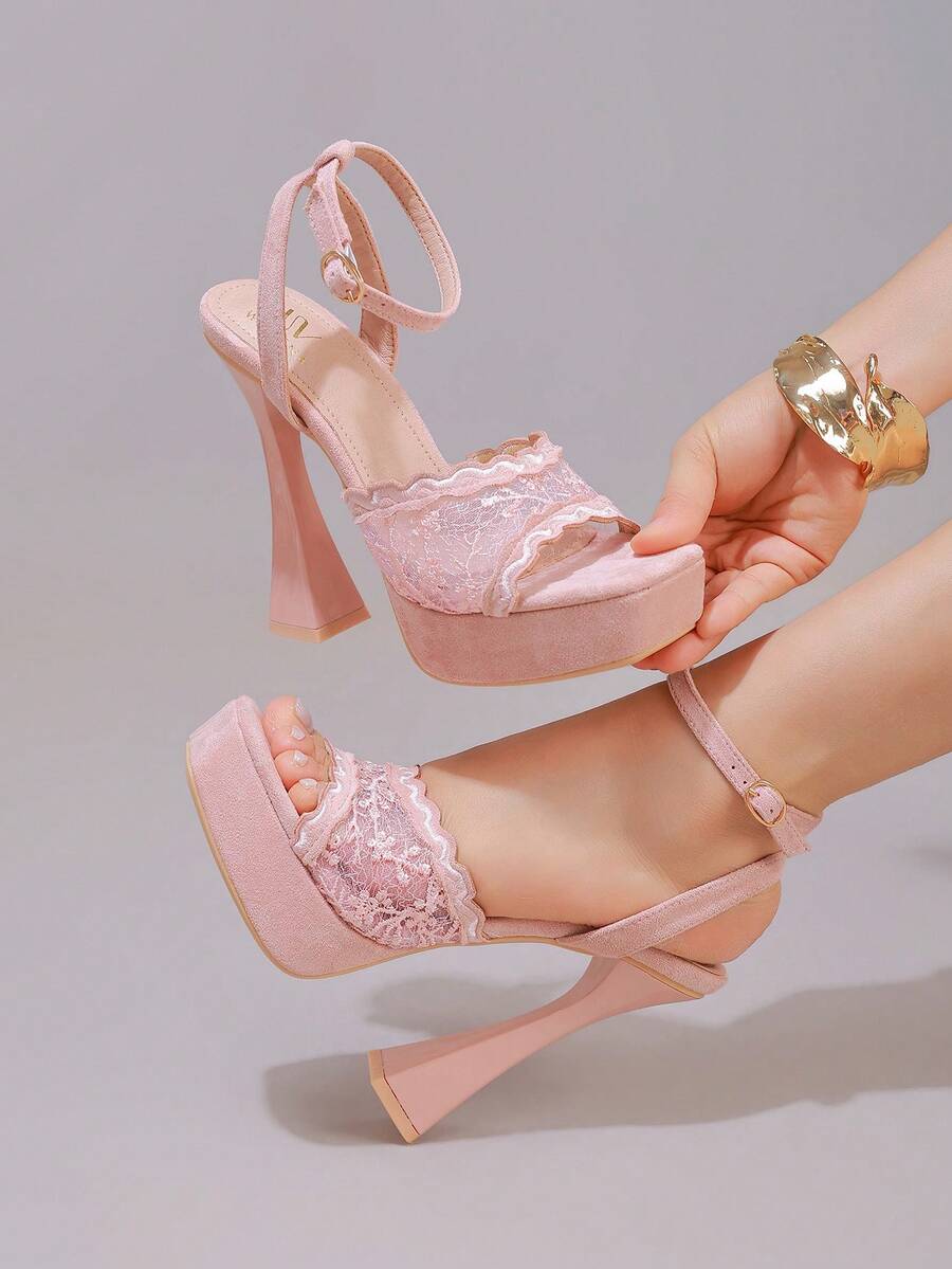 Lace embroidered open toe high heel sandals featuring a chunky square heel, platform wedge, and ankle strap buckle closure.